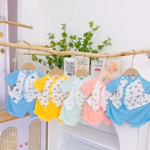 Bộ quần áo sơ sinh thun lạnh ngắn tay khuy chéo màu in hình đáng yêu cho bé từ sơ sinh đến 9kg