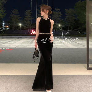 Halter Style Dress Fishtail Dress Black Velvet Classy Niche Party Dress for Women Accessible Luxury Open Back Black Dress
