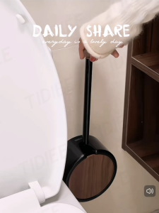 No Drill Wood Grain Toilet Brush Set Wall Mount Kit with Detachable Holder Lid Odor-Blocking Waterproof