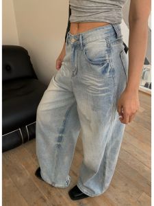High Waist Loose Fit Light Blue Denim Wide Leg Pants Tear Hole Design Summer Colorful Not Salty Cheese Womens Jeans