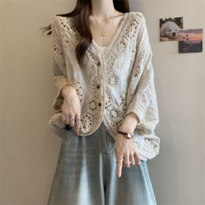 French Lace Hollow out V-neck Cotton Linen Womens Shoulder Length Outerwear Spring Summer plus Size Batwing Sleeve Sun Protection Cardigan