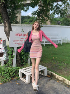 Pure Desire Stripe Strap Dress Womens Waist Cinching Slimming Sweet Spicy Short Skirt Summer New Style Korean Version High Waist A-Line Dress