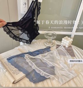 Low-Waist Lace Underwear Set Pure Cotton Comfortable Womens Silk Satin Breathable Mesh Triangle Pants Butterfly Knot
