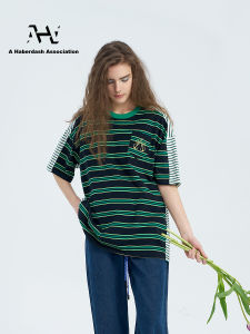 AHA Love Luxury Street Style T-Shirt Striped Color Block Logo Embroidery Couple Spring Summer Loose Fit Cotton Short Sleeve round Neck