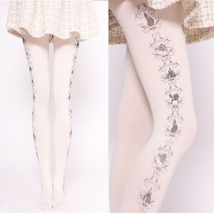 LOLITA White Princess Printed Japanese Style Tights Velvet Material Shaping Legs For All Seasons Female Size: One Pair