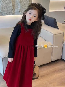 ชุดเดรสผ้ากำมะหยี่สีแดงคอเหลี่ยมแขนกุดสำหรับเด็กผู้หญิง ฤดูใบไม้ร่วง/ฤดูหนาว เดรสเจ้าหญิง ชุดเด็ก ชุดแฟชั่น