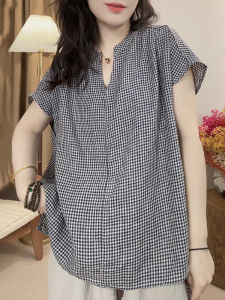 UYFY | Thin Check V-Neck Short Sleeve Shirt Fashionable Loose Slimming Large Size