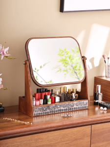 Wooden Rotating Makeup Mirror Organizer with Cosmetic Storage Box Desktop Vanity Mirror for Bedroom
