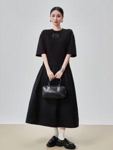 XIAODADEHUA | Black Loose Splicing Short Sleeve Long Mid-Length High-End Unique Style Casual Dresses