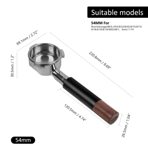 IKAPE Openwork Bottomless Portafilter Stainless Steel and Walnut Espresso Handle54/58mm High Extraction Precision Basket