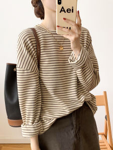 Womens round Neck Striped Base Shirt Loose Long Sleeve T-Shirt Korean Style Commute Classic Pattern Summer Outerwear