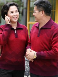 Thickened Cashmere Couple Autumn Winter Clothes for Parents And Grandparents Collared T-Shirts Men Women New Year Sweater