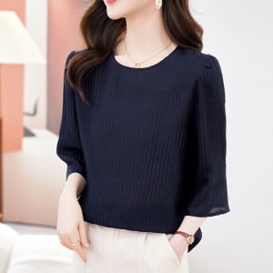 NVSHENJI | Elegant Silk T-Shirt Womens Small Shirt Summer New Round Neck Fashion Pure Color Top High Waist Commute Style Loose Fit Short Sleeve