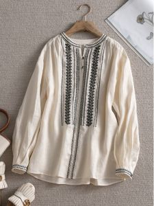 Japanese and Korean Export Export Pure Cotton French Style Artistic Top Womens Loose Machine Embroidery round Neck Long Linen Sleeves Shirt Fashion