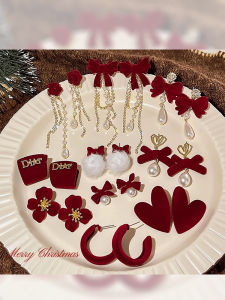 Red New Year Womens Earrings Tassel Butterfly Knot Dangle Studs Fashionable High-End Feeling Year End Festive Jewelry Accessories