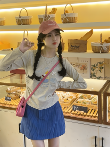 Flocking Cute Cake Long Sleeves Can Be Worn outside in Autumn and Winter Inner Wear New Arrival Print Sweet Girl Silm Shoulder T-Shirt Tops Female