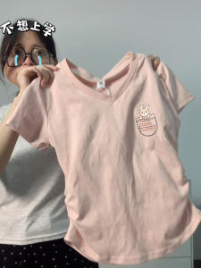 เสื้อยืดคอกลมแขนสั้นผ้าฝ้ายแท้ไซส์ใหญ่สำหรับผู้หญิงในช่วงฤดูร้อน เสื้อแขนสั้นทรงเข้ารูปเอวเข้ารูปสีชมพู ดีไซน์เก๋ไก๋