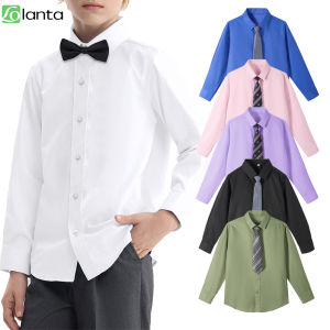 LOlanta 2Pcs Kids Long Sleeve Shirt and Tie Sets Boys Formal Wedding Party Wear Child Solid Color Uniforms Shirt for 3-14 Years
