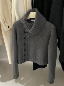 Korean Style Thickened High Collar Knitted Sweater Coat for Women Autumn Winter New Style Small Audience Button Flip Collar Cardigan
