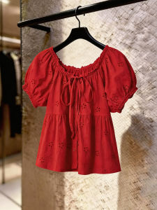SHUAIYUE | Áo Blouse Tay Bồng Thêu Hoa Ren Đỏ Pháp Có Dây Kéo