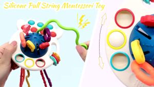 Baby Montessori Sensory Toys Toddler Soft Silicone Teething Activity Toy Pull String Finger Grasp Training Toy with Sound Educational Toys for 0-3 Years Old Children Day Gifts