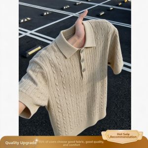 OUMULONG | Comfortable Breathable Short Sleeve White Twisted Knit Polo T-Shirt