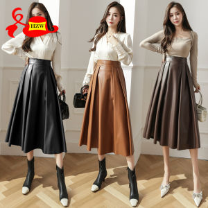 HZW 2023 autumn PU leather skirt elegant and versatile high waist and thin big swing skirt pleated medium and long skirt