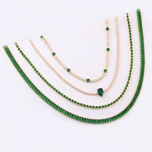 Emerald Cubic Zircon CZ Hip Hop Tennis Chain Necklace Gold Plated Green Crystal Street Party Jewelry Choker Statement Jewelry