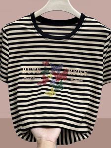 QIAOXIZI | Round Neck Striped Casual Large Size Women T-Shirt