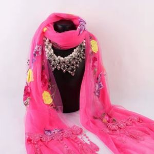 Double Layer Embroidered Scarf Long Lightweight Summer Spring Sun Protection Silk Scarf Womens Beach Scarf Lace Plant Floral