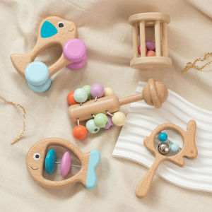5 PCS Toy Set- Wooden Baby Rattle Toys for Babies 0-6 Months Organic Colorful Baby Hand Rattles Set with Bells Wooden Rattles Push CarW ood Teething Toys Gifts for Boys Girls Montessori Toys for Babies 0-6 Months