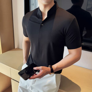 New Chinese Style Stand Collar Shirt Mens Summer Short Sleeve Fancy Stretch Polo Shirt Ice Silk V Neck T-Shirt Handsome Top Clothes