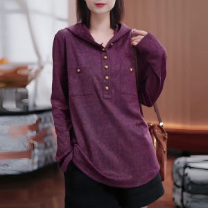 เสื้อยืดคอกลมแขนยาวสีม่วง ทรงหลวม แฟชั่นฤดูใบไม้ร่วง เสื้อผ้าทำงานสไตล์เกาหลี ทรงหลวม เสื้อผ้าทำงานแบบลำลอง