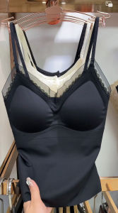 Spring Summer 2024 Womens French Lace One-Piece Cup Camisole Vest Slimming V-Neck Versatile Inner Wear Matching Backless Design