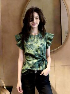 KUNAILIN | Feminine Green Print Short Sleeve Tshirt For Summer Slimming Waist Tie