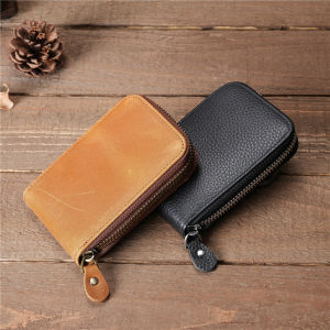 Mens Genuine Leather Card Holders Zipper Wallet with Coin Pocket Top Grain Cowhide Retro Organ Design