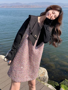 ชุดเดรสแขนกุดสีชมพูสไตล์ Miu สำหรับผู้หญิง ชุดสองชิ้น ทรงหลวม แขนยาว กระโปรงทรงตรง คอตั้ง ทรง H ชุดแฟชั่นฤดูใบไม้ผลิ