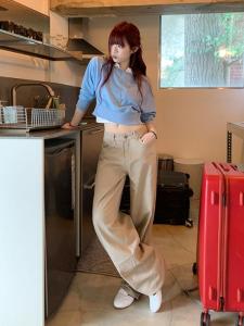 กางเกงยีนส์ขากว้างเอวสูงทรงหลวมสำหรับผู้หญิง สีกรมท่า ฤดูใบไม้ผลิ 2025 กางเกงขายาวทรงตรงทรงสลิมฟิต กางเกงยีนส์แฟชั่นสำหรับผู้หญิง