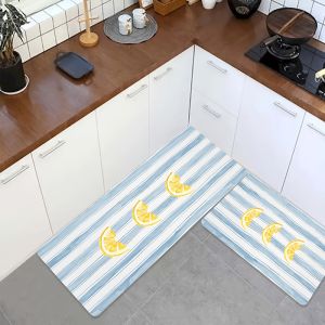 VIKAMA Blue Striped Lemon Kitchen Carpet Non slip Washable Absorbent Floor Mat Kitchen Interior Entrance Home Decoration