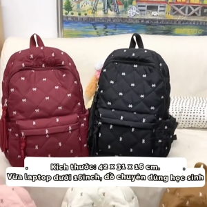 Cặp sách học sinh nữ cute họa tiết nơ phao chần bông balo chống nước dễ thương Hàn Quốc sành điệu
