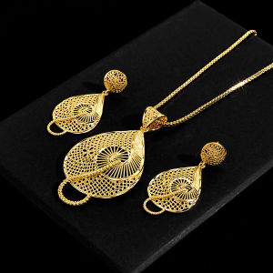 SEQUITO Temperament Women Gold Plated Wedding Party Dress Accessories Hollow Big Waterdrop Pendant Necklace Long Dangle Drop Earrings Brides Jewelry Set SJ425