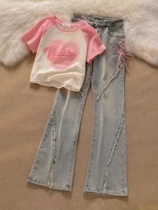 Bộ Đồ Hai Mảnh Dopaamine Sweet Cool Cho Nữ Mùa Hè Gợi Cảm Quần Short Denim Cạp Cao Thắt Nơ Váy Ngắn Thời Trang