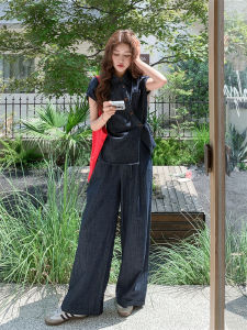 Summer Wide Leg Jeans Womens Two-Piece Set Trendy Casual Fashionable Short Sleeve Button PoLo Neck Cool Looking Pantsuits