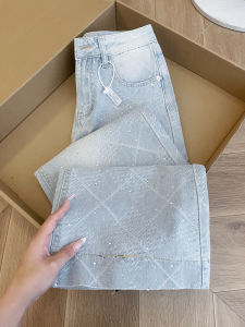Original Design Rhinestone Denim High Waist Wide Leg Straight Cut Pants Casual Style Autumn Collection Fashionable Womens Jeans