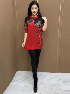 High-End Knitted Loose Fashionable Large Size Shirt Spring Autumn New Style Cover Belly Flower Drill Base Skirt Womens Clothing