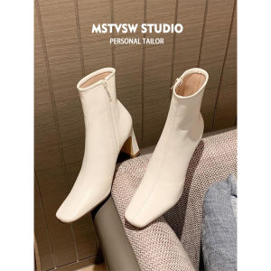 รองเท้าบู๊ตส้นสูงฤดูใบไม้ร่วง/ฤดูหนาวสำหรับผู้หญิง ทรงเรียว ทรงหัวเหลี่ยม ยางยืด ส้นหนา รองเท้าบู๊ตหุ้มข้อเดี่ยว รองเท้าบู๊ตแฟชั่น รองเท้าบู๊ตหุ้มข้อแบบลำลอง