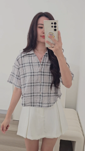 ORECCA - Canne Atasan Kemeja Kotak Lengan Pendek Wanita