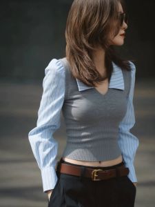 Autumn Winter Korean Style Loose Knitted Sweater Womens Casual High Waist Polyester Fiber Long Sleeve Faux Two-Piece Top