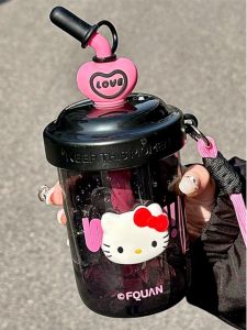 Cute Hello Kitty Coffee Cup with Straw Portable Stirring Scale Cup for Girls Summer On-the-go Beverage Container PC+PP Material