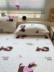 Dansunreve Single Bed Sheet Cartoon Dog/Cat/Rabbit/Panda Fittedsheet with Garterized Queen/King/Super King Fitted Bedsheet